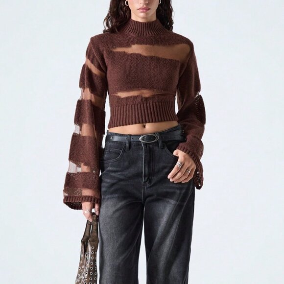 Tops - Brown Casual Women's Fashion Sheer Patchwork Flare Sleeve Cropped Sweater